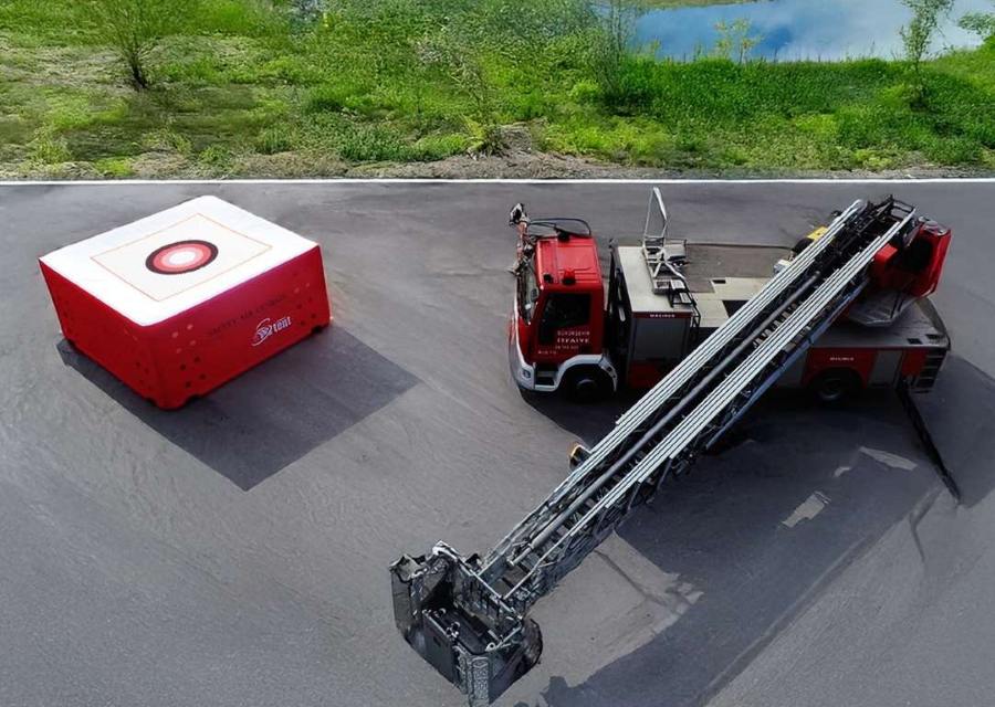 Sonmez Rescue Safety Cushion SMZ 20 outside next to large fire truck